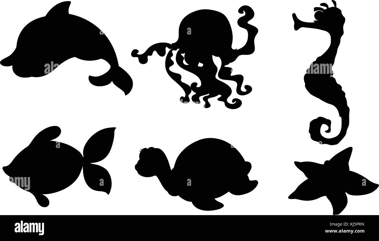 Illustrazione delle sagome di diverse creature del mare su sfondo bianco Illustrazione Vettoriale