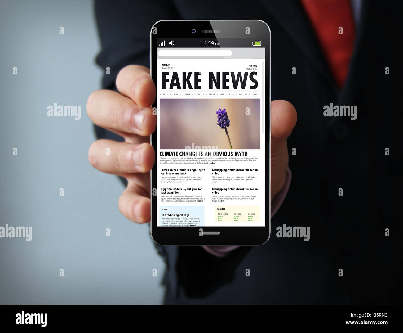 Le nuove tecnologie il concetto di informazione: imprenditore mano che tiene un 3d generati toccare telefono con false notizie sullo schermo. i grafici dello schermo sono costituiti. Foto Stock