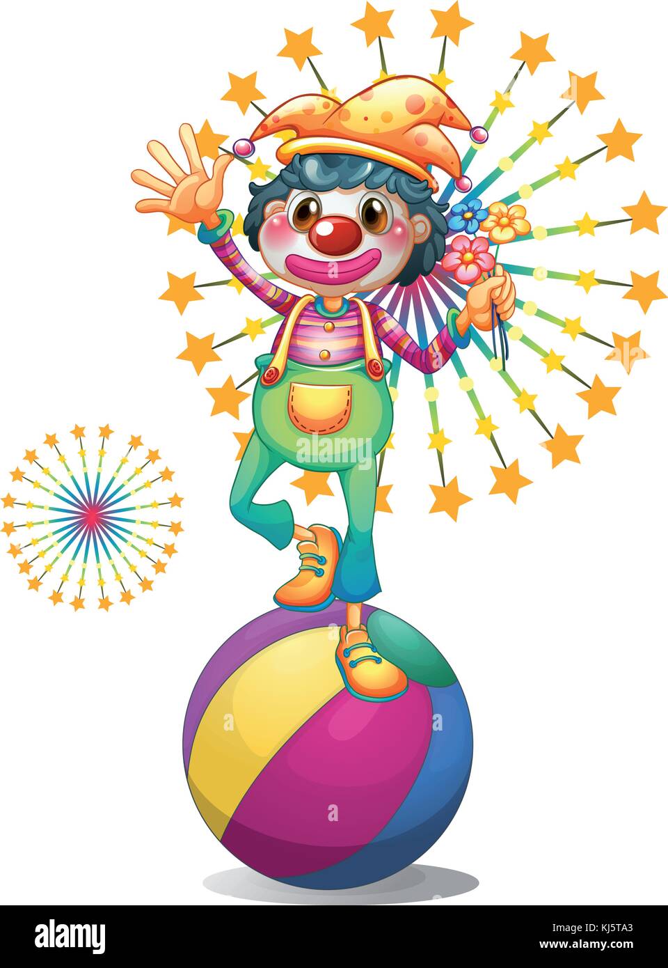 Illustrazione di una femmina di clown al di sopra della sfera colorata su sfondo bianco Illustrazione Vettoriale