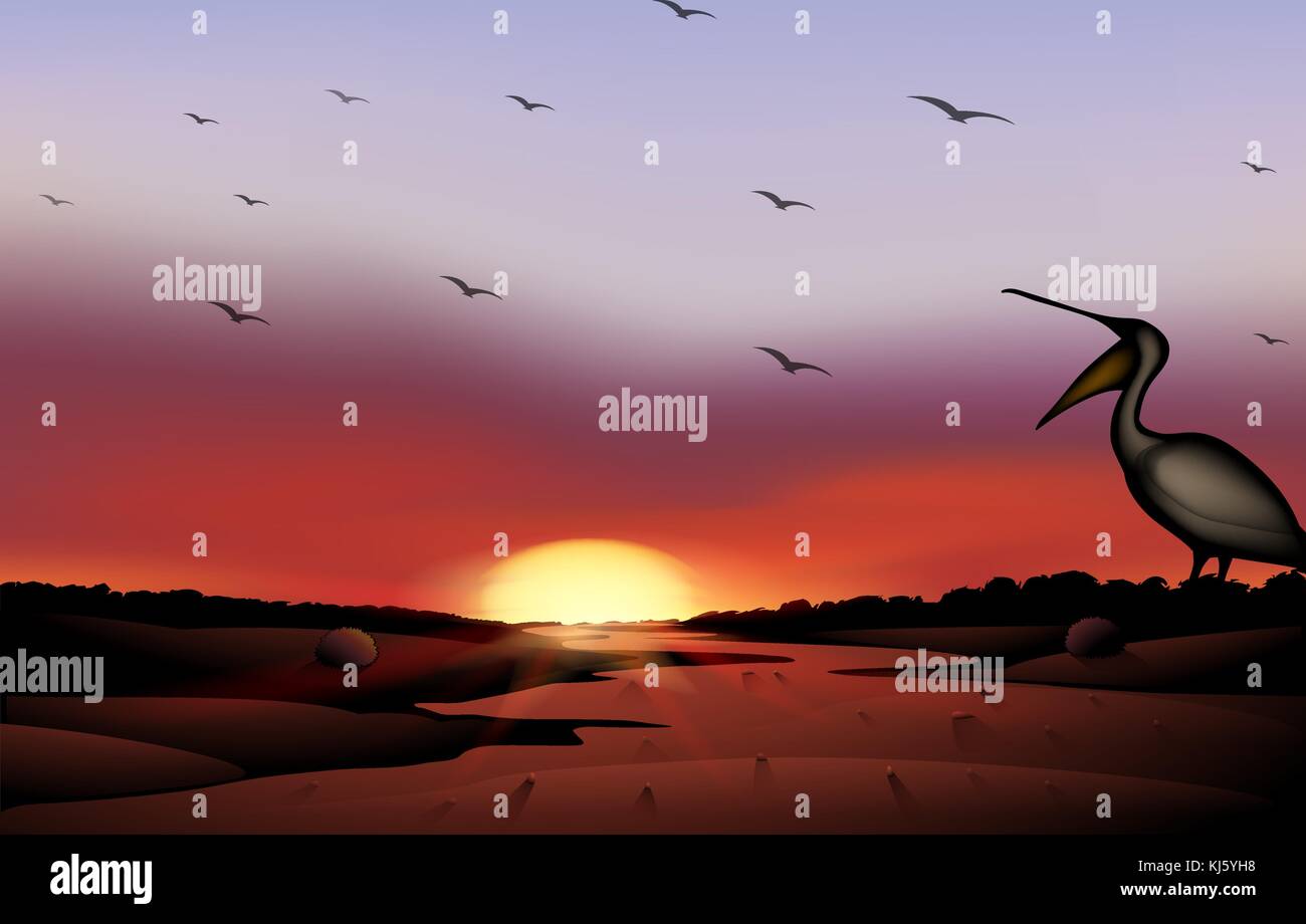 Illustrazione di un tramonto con uno stormo di uccelli Illustrazione Vettoriale