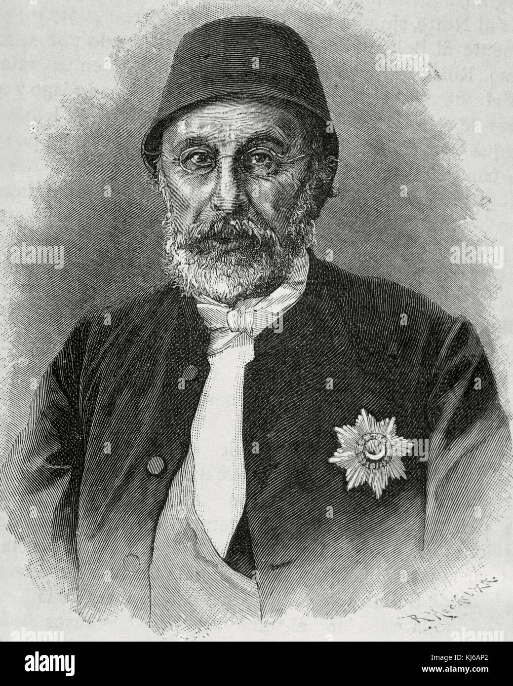 Mehmed Fuad Pascià (1814-1869). Statista ottomano. Gran Visir dell'Impero Ottomano nel 1861. Ritratto. Incisione di R. Heckel. Foto Stock