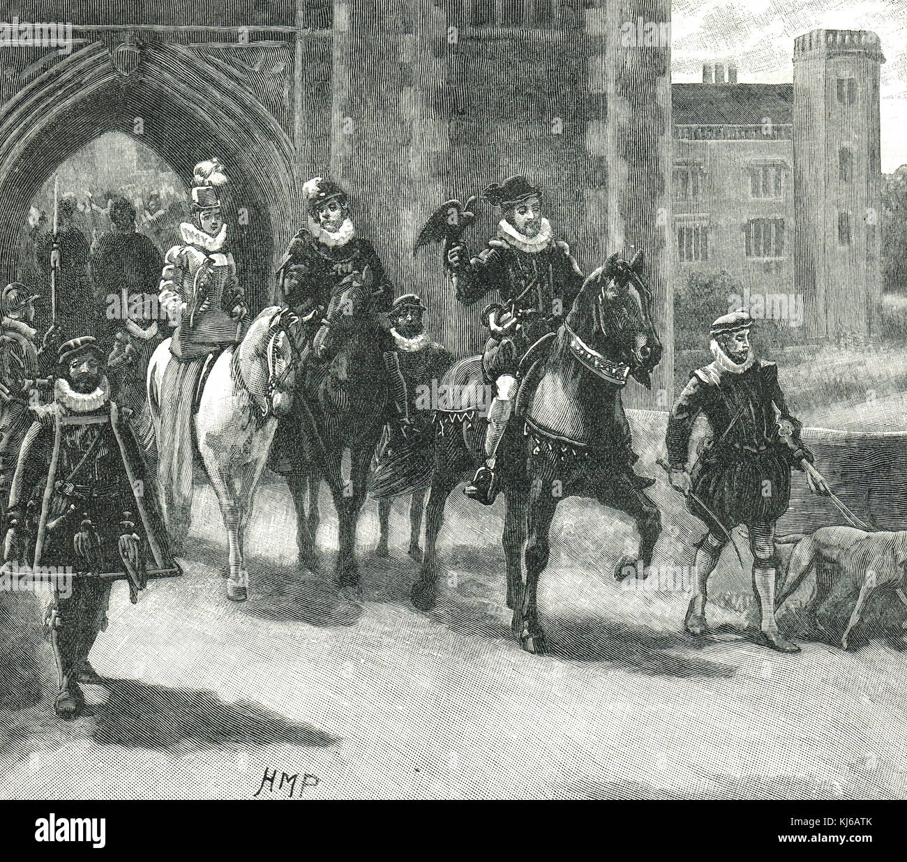 Re Giacomo i, re d'Inghilterra (Giacomo vi di Scozia) con cortigiani, che vanno a caccia Foto Stock