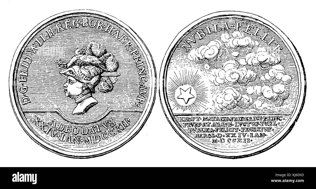 Medaglia d'argento, coniata alla nascita di Federico il Grande (Silberne Medaille auf die Geburt Friedrichs des Großen. Berlino, Münzkabinet) Foto Stock