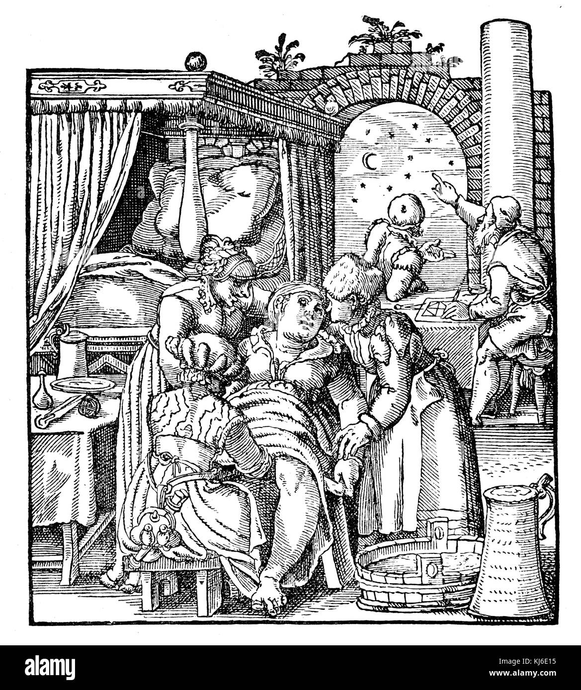 Ostetrica tedesco del XVI secolo alla nascita. Da jacob rueff (deutsche hebamme des 16. jahrhunderts bei der geburt. aus jacob rueff) Foto Stock