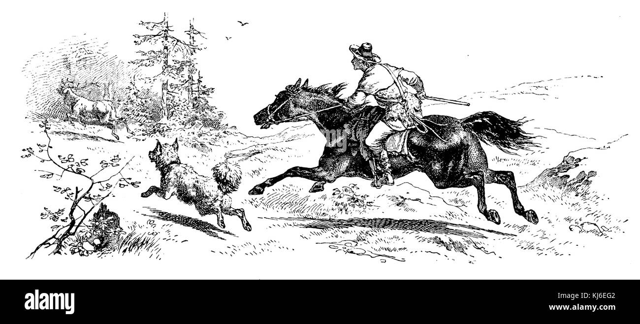 Caccia a cervi, cacciatore a cavallo con il cane (Jagd auf einen Hirschen, Jäger auf Pferd mit Hund) Foto Stock