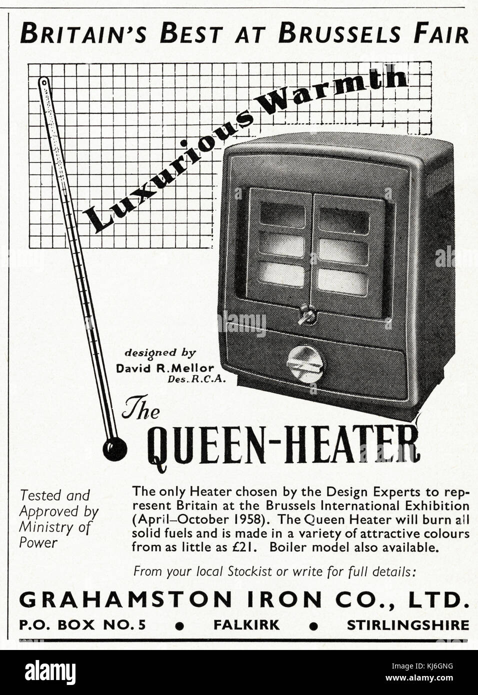 1950s vecchio annuncio originale della vendemmia britannica pubblicità della stampa della rivista Queen-Heater stufa a combustibile solido da Grahamston Iron Co Ltd di Falkirk Stirlingshire Scozia Regno Unito datato 1958 Regno Unito Foto Stock