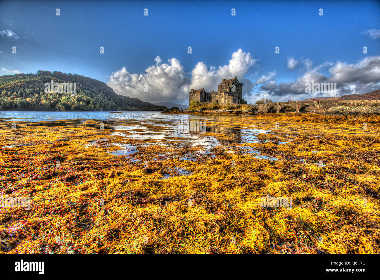 Castello di Eilean Donan, Scozia. Vista artistica del Castello di Eilean Donan, situato vicino al villaggio di Dornie, nelle Highlands occidentali. Foto Stock