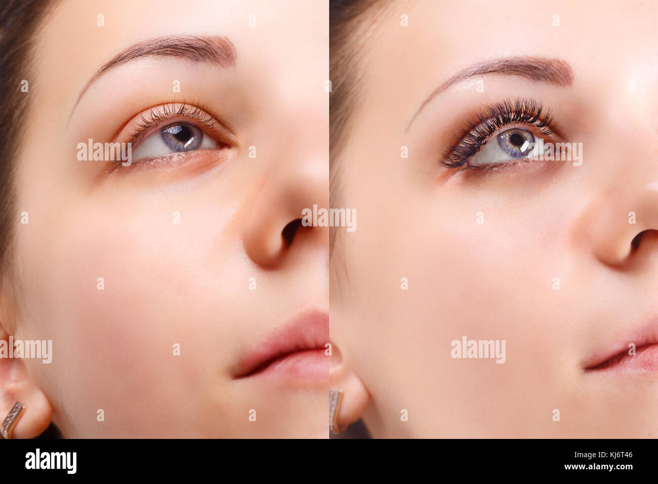 Extension delle ciglia. Confronto degli occhi femmina prima e dopo. Foto Stock