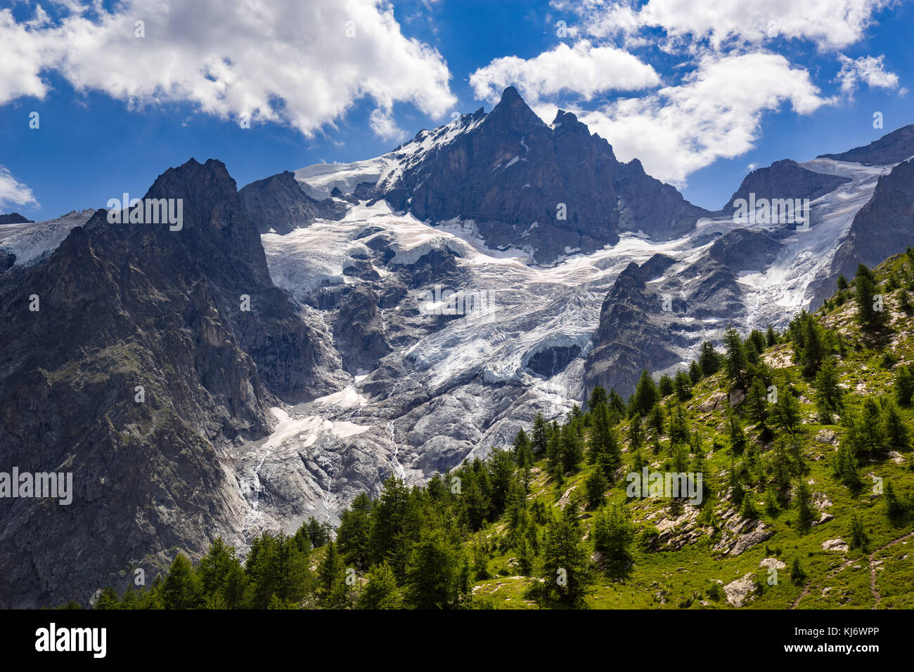 La Meije Glacier, il Glacier du Tabuchet e il Ghiacciaio di Rateau d'estate. Parco Nazionale degli Ecrins, meridionale delle Alpi Francesi, Francia Foto Stock