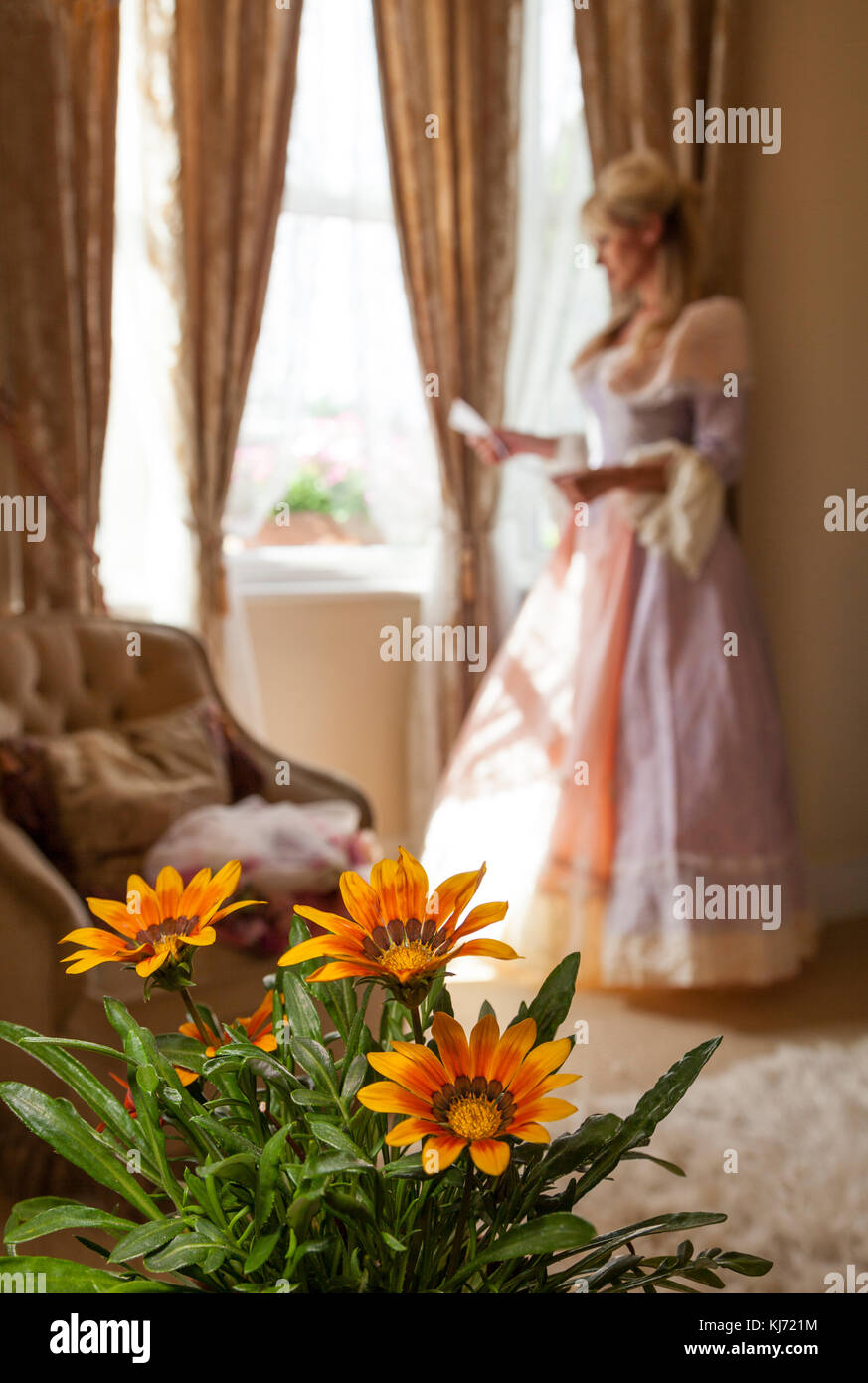 Signora Lettura di una lettera in background con un arancione Gazania pianta in vaso in primo piano. Interno. Foto Stock