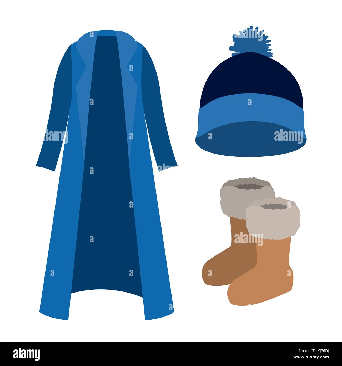 Abbigliamento invernale con Blue Coat e cappello di lana e stivali su sfondo bianco Illustrazione Vettoriale