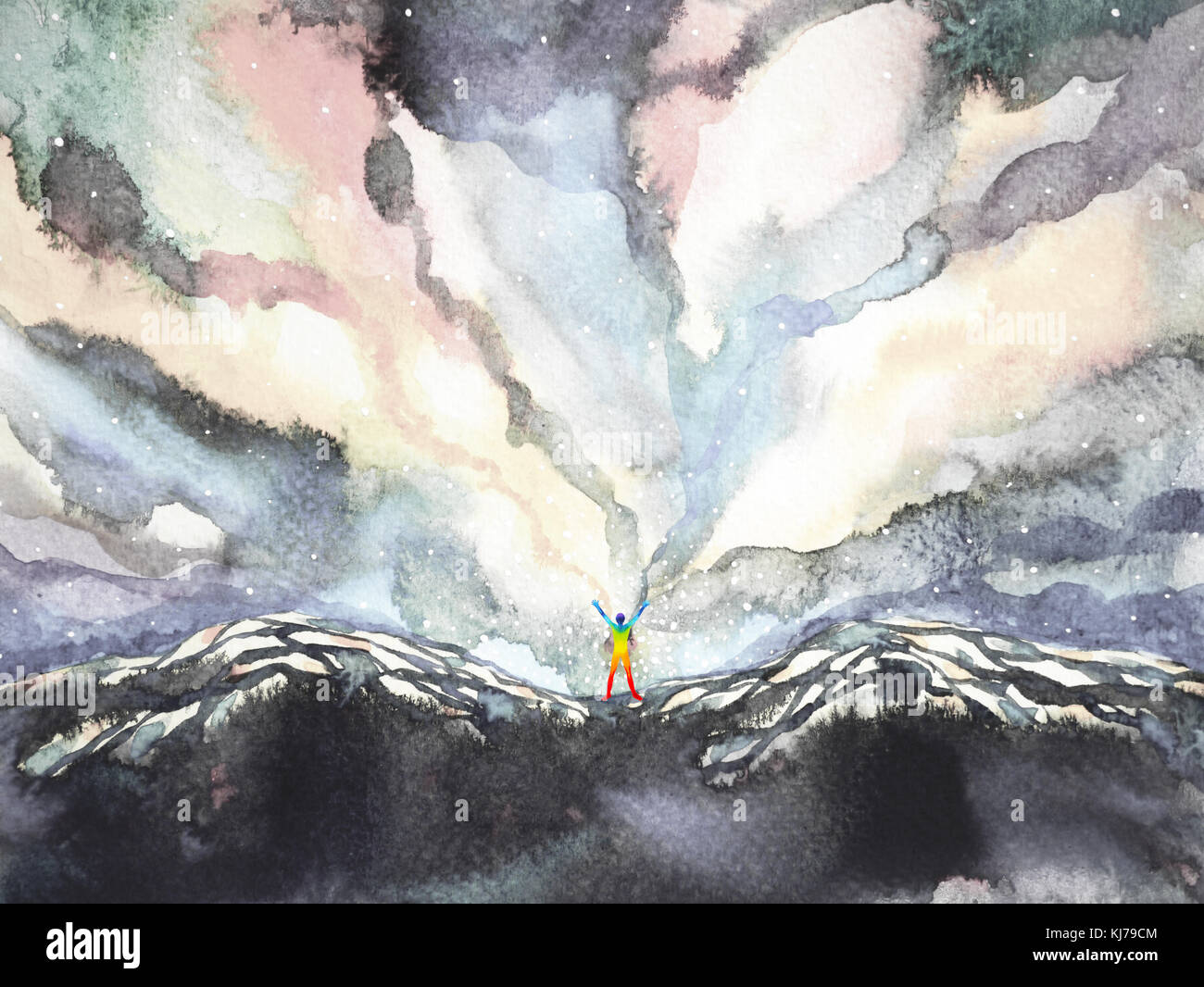 Umano e universo potenza, pittura ad acquarello, ispirazione pensiero astratto, mondo, universo dentro la tua mente Foto Stock