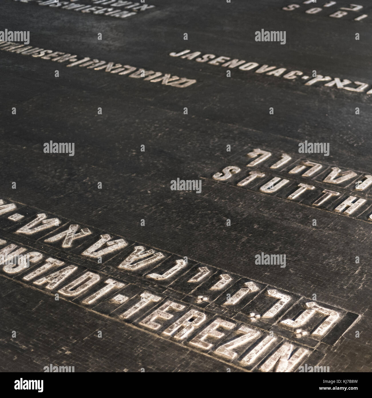Nomi dei martiri sul pavimento nel memorial, Hall di ricordo, Yad Vashem di Gerusalemme, Israele Foto Stock