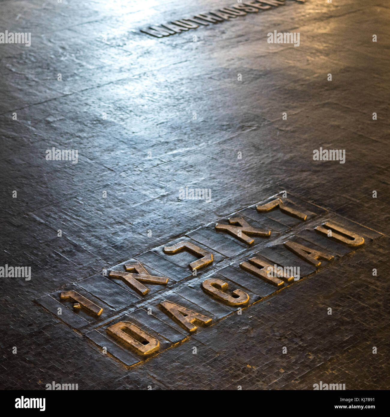 Nomi dei martiri sul pavimento nel memorial, Hall di ricordo, Yad Vashem di Gerusalemme, Israele Foto Stock