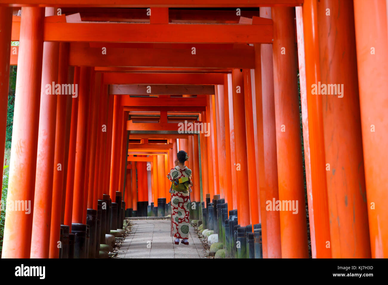 Donna vestita in kimono tradizionali in Fushimi Inari, Kyoto, Giappone Foto Stock