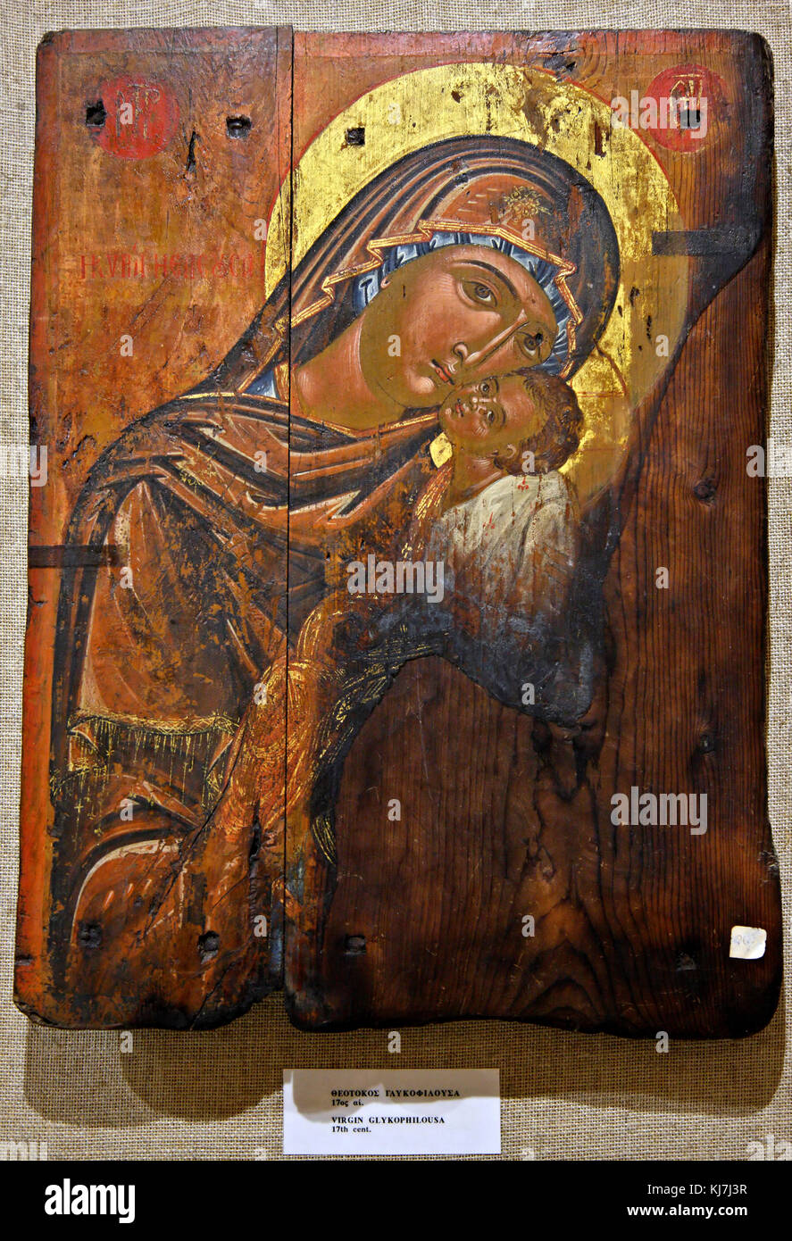 L'icona di Panagia Glykophilousa ('Sweet baciare la Vergine Maria -17th secolo) nel museo del monastero di Toplou, Sitia, Lasithi, Creta, Grecia. Foto Stock
