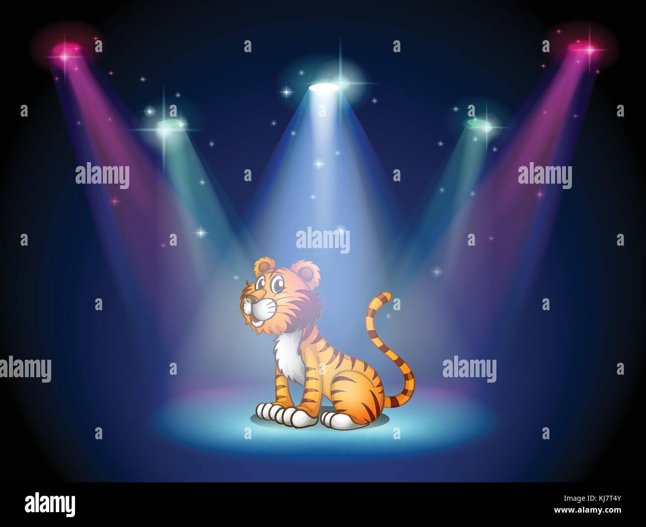 Illustrazione di una tigre seduta sul palco con faretti Illustrazione Vettoriale