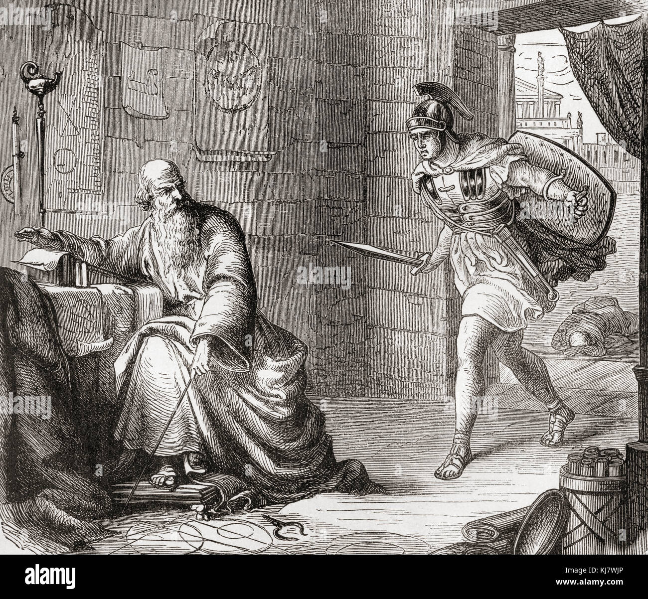 La morte di Archimede durante l'assedio di Siracusa, quando fu ucciso da un soldato romano per non aver risposto a una domanda, nonostante gli ordini che non doveva essere ferito. Archimede di Siracusa, c. 287–c. 212 a.C. Matematico greco, fisico, ingegnere, inventore e astronomo. Da The Illustrated History of the World di Ward and Lock, pubblicato intorno al 1882. Foto Stock