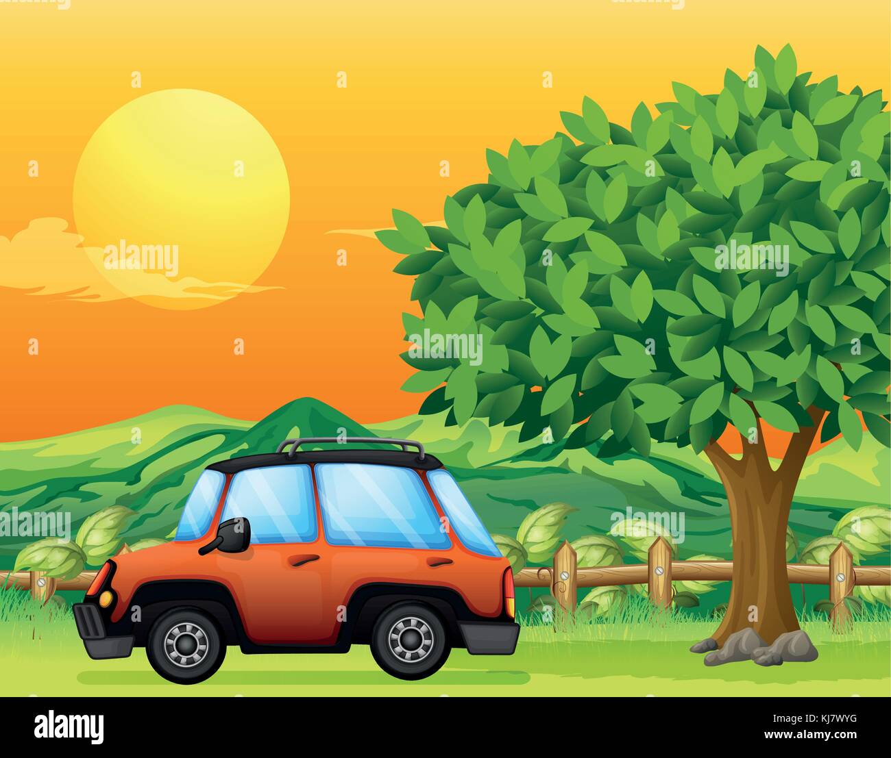 Illustrazione di un veicolo arancione vicino al grande albero Illustrazione Vettoriale