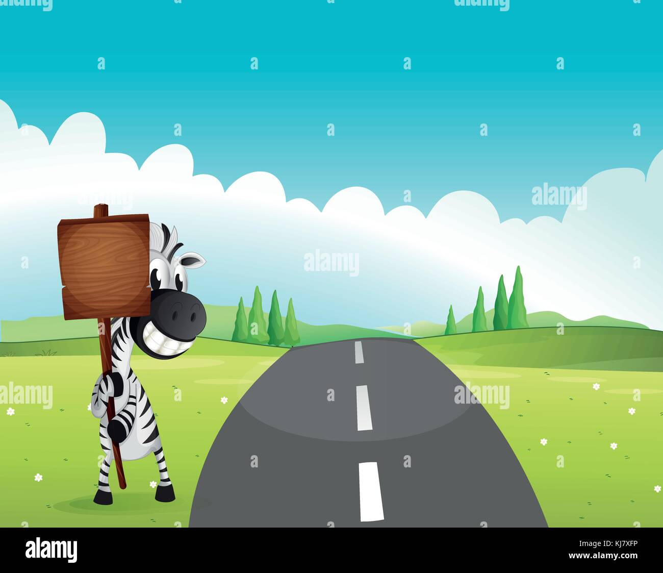 Illustrazione di una zebra tenendo un vuoto cartello in legno lungo la strada Illustrazione Vettoriale