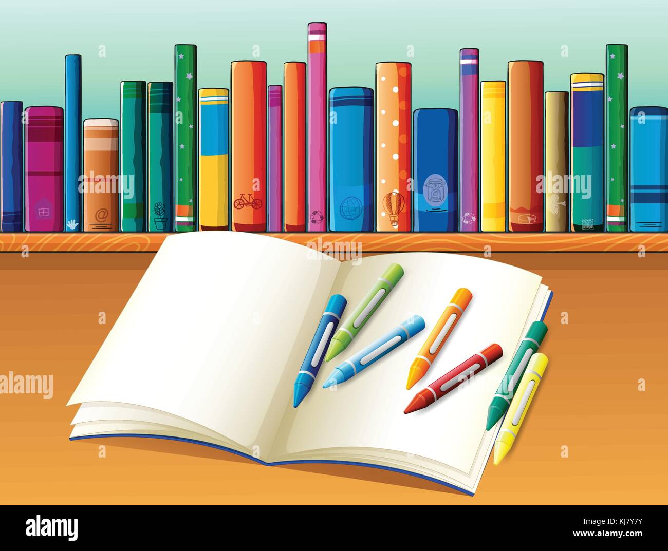 Illustrazione di un vuoto di notebook con matite colorate nella parte anteriore dello scaffale con libri Illustrazione Vettoriale