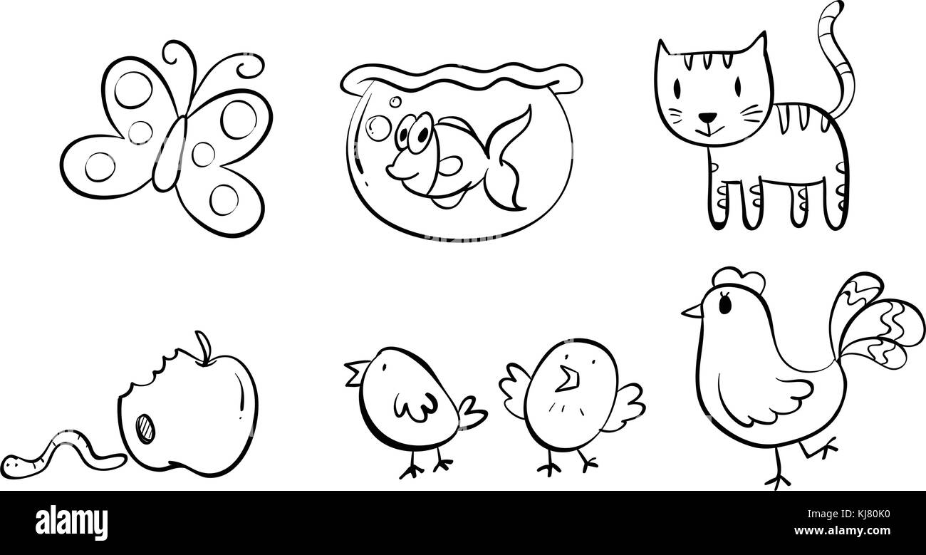 Illstration di sei diversi doodle disegni su uno sfondo bianco Illustrazione Vettoriale