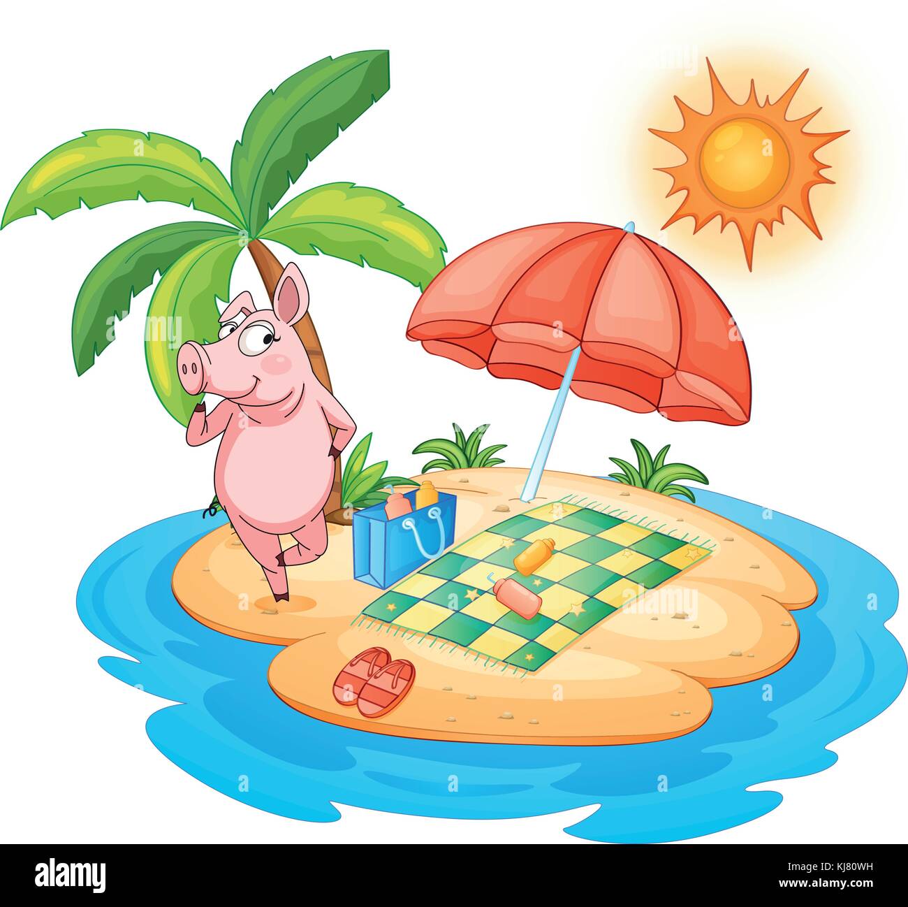 Illustrazione di una spiaggia con un maiale godendo di estate su sfondo bianco Illustrazione Vettoriale