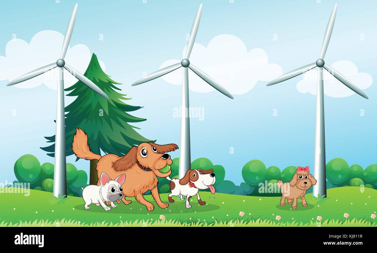 Illustrazione di quattro cani giocando nella parte anteriore dei mulini a vento Illustrazione Vettoriale