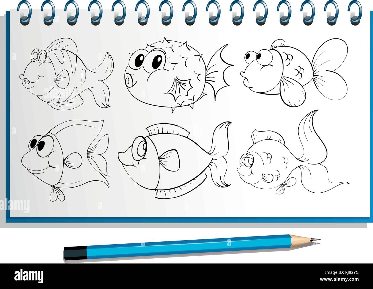 Illustrazione di un notebook con un doodle al design della pagina di copertina su sfondo bianco Illustrazione Vettoriale