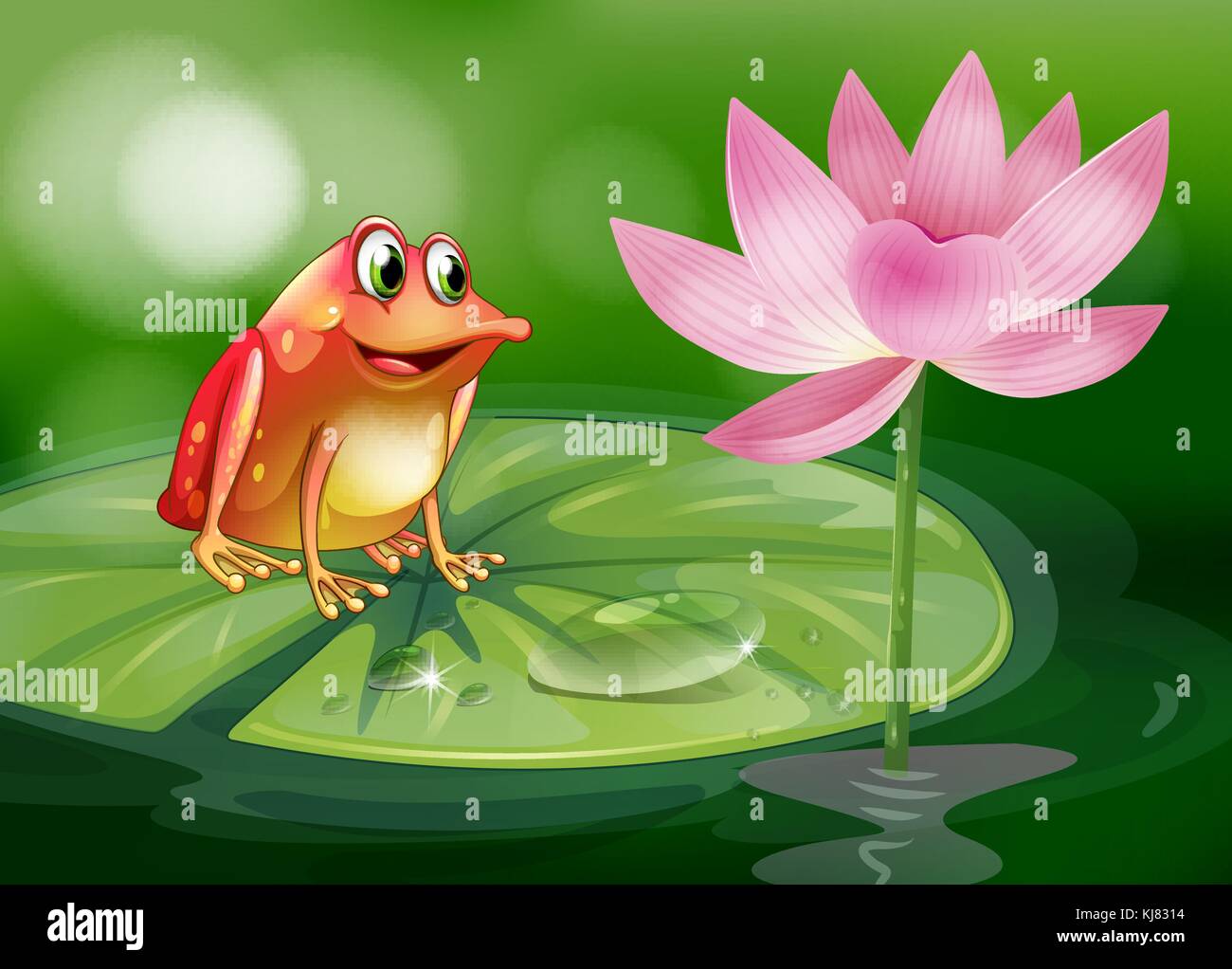 Illustrazione di una rana sopra la ninfea accanto a un fiore rosa Illustrazione Vettoriale