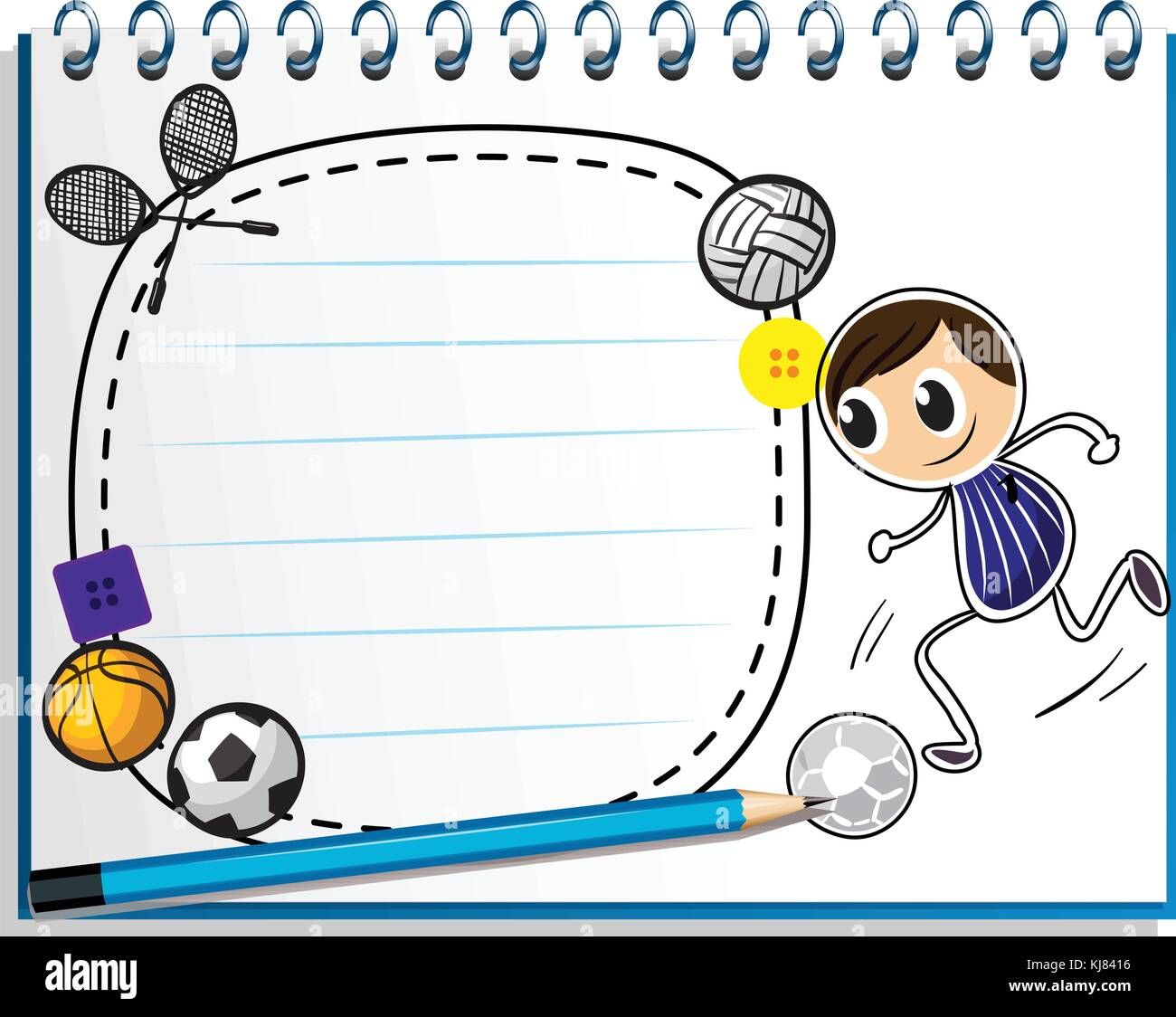 Illustrazione di un notebook con un schizzo di diversi sport gioco su sfondo bianco Illustrazione Vettoriale