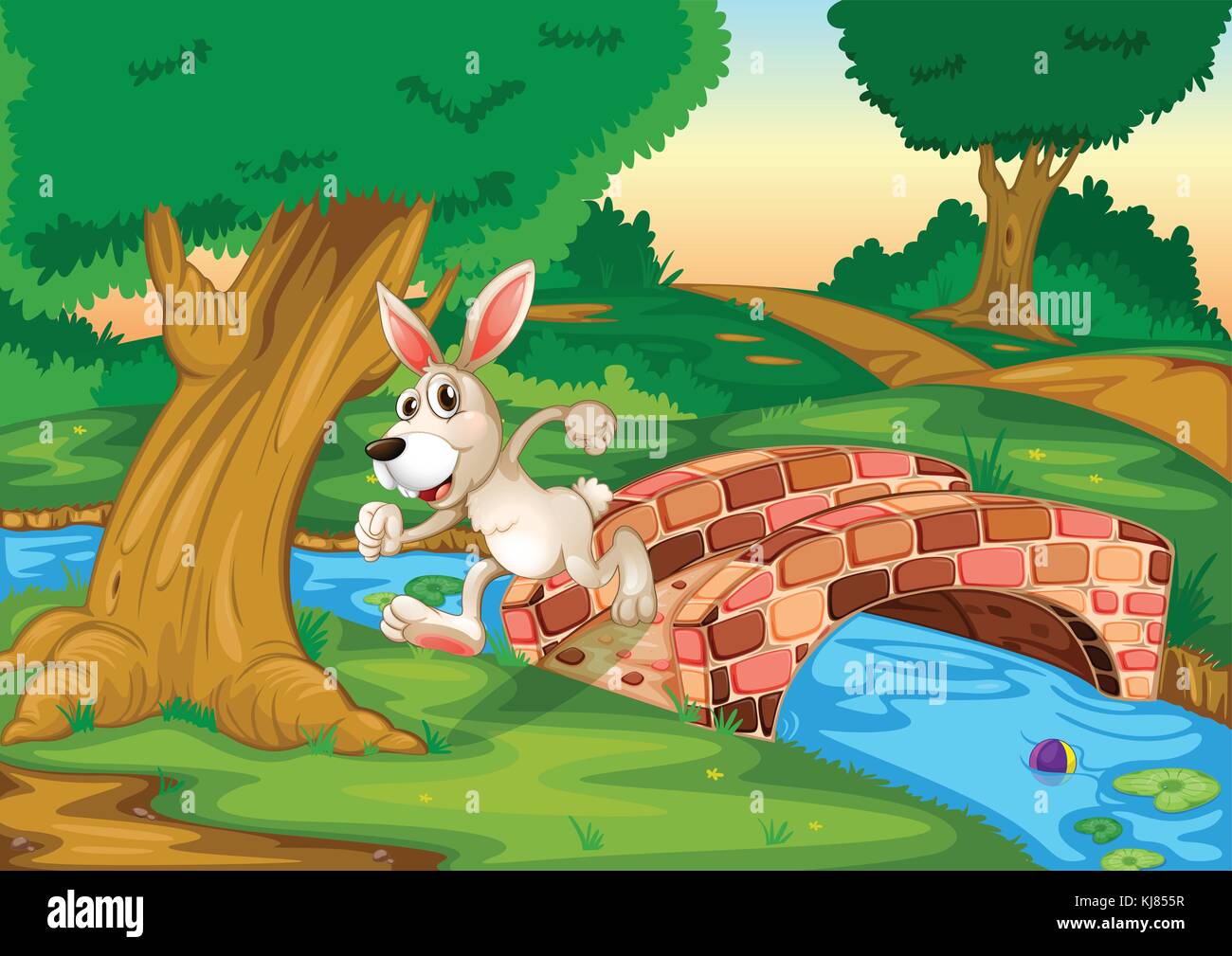 Illustrazione di un coniglietto di corsa attraverso il ponte Illustrazione Vettoriale