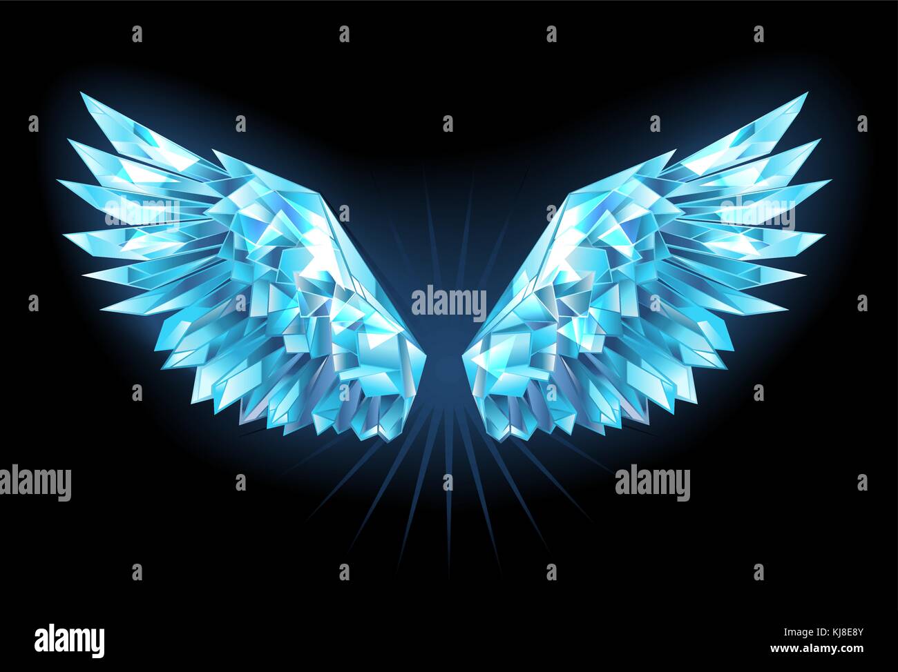 Poligonale, ali scintillanti di blu, trasparente ghiaccio su uno sfondo blu ghiaccio ali. Illustrazione Vettoriale