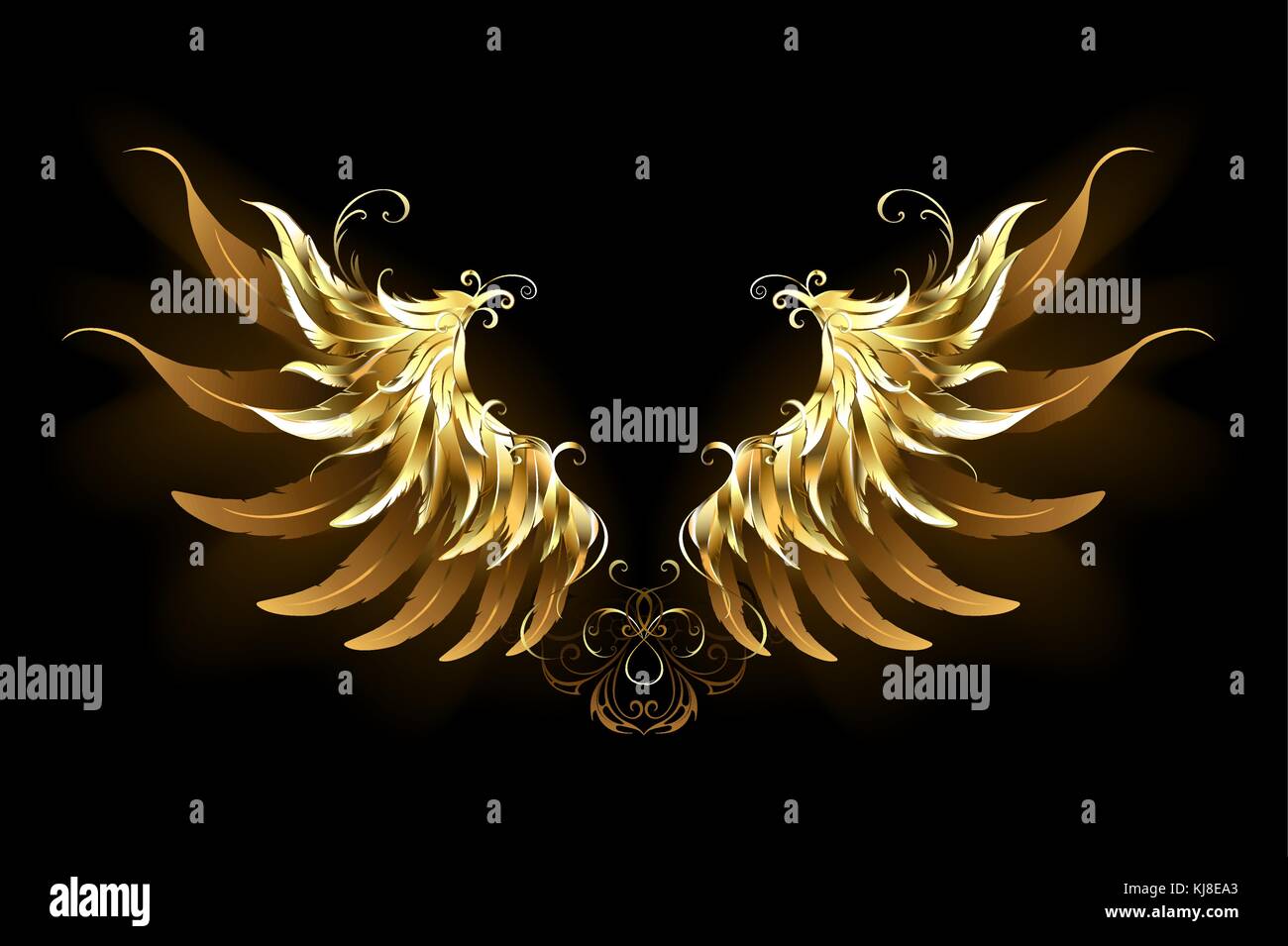 Shiny, Golden Angel Wings su uno sfondo scuro. Golden Wings. Illustrazione Vettoriale