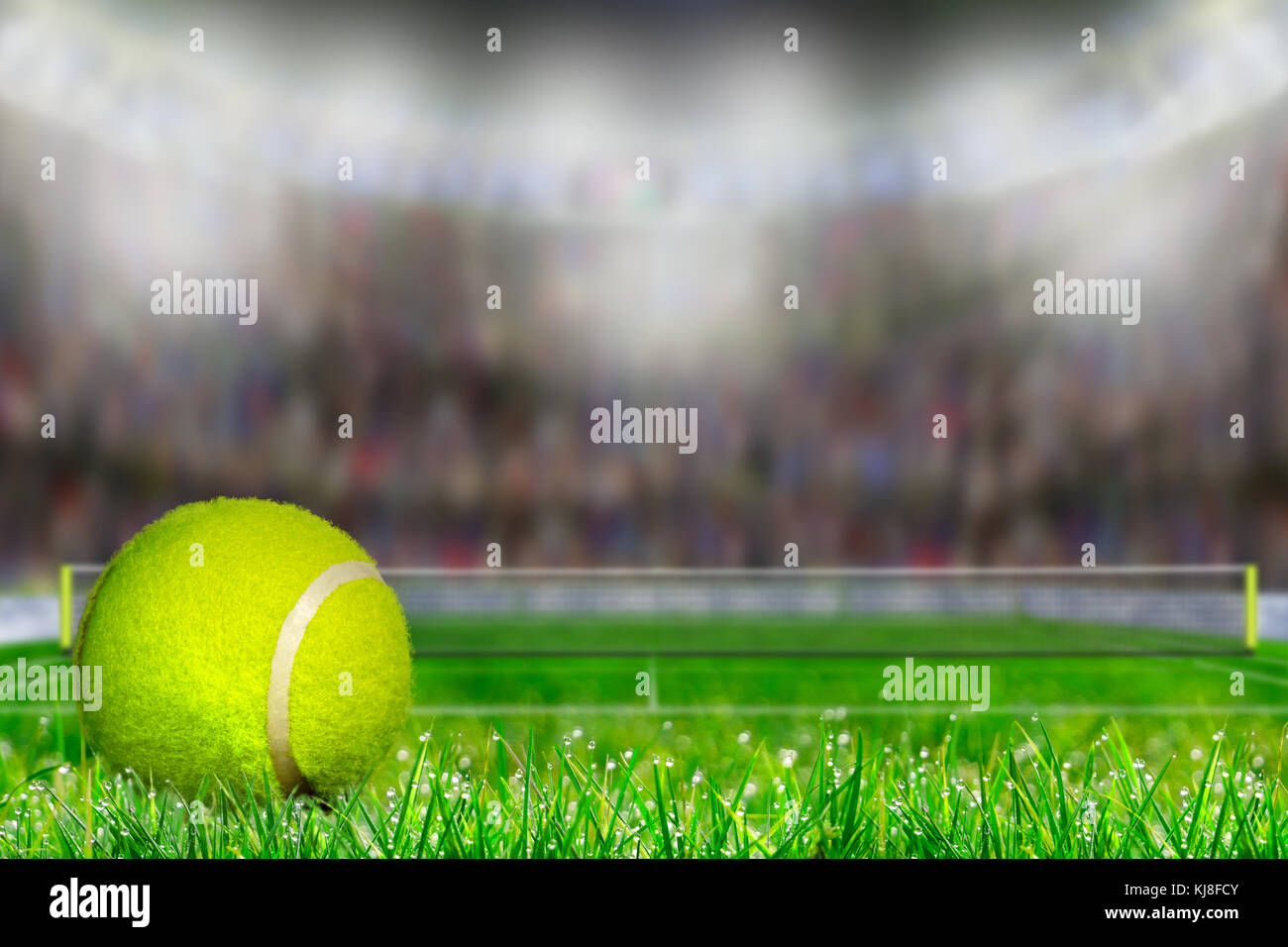 Basso angolo vista della palla da tennis su erba corte deliberata e profondità di campo sulla luminosa sullo sfondo dello stadio con copia spazio. Foto Stock