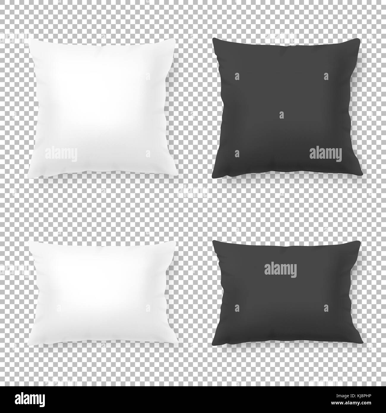 Vettore vuoto realistico bianco, quadrato nero e cuscino rettangolare o cuscino icon set isolato su sfondo trasparente. Modello di progetto Illustrazione Vettoriale
