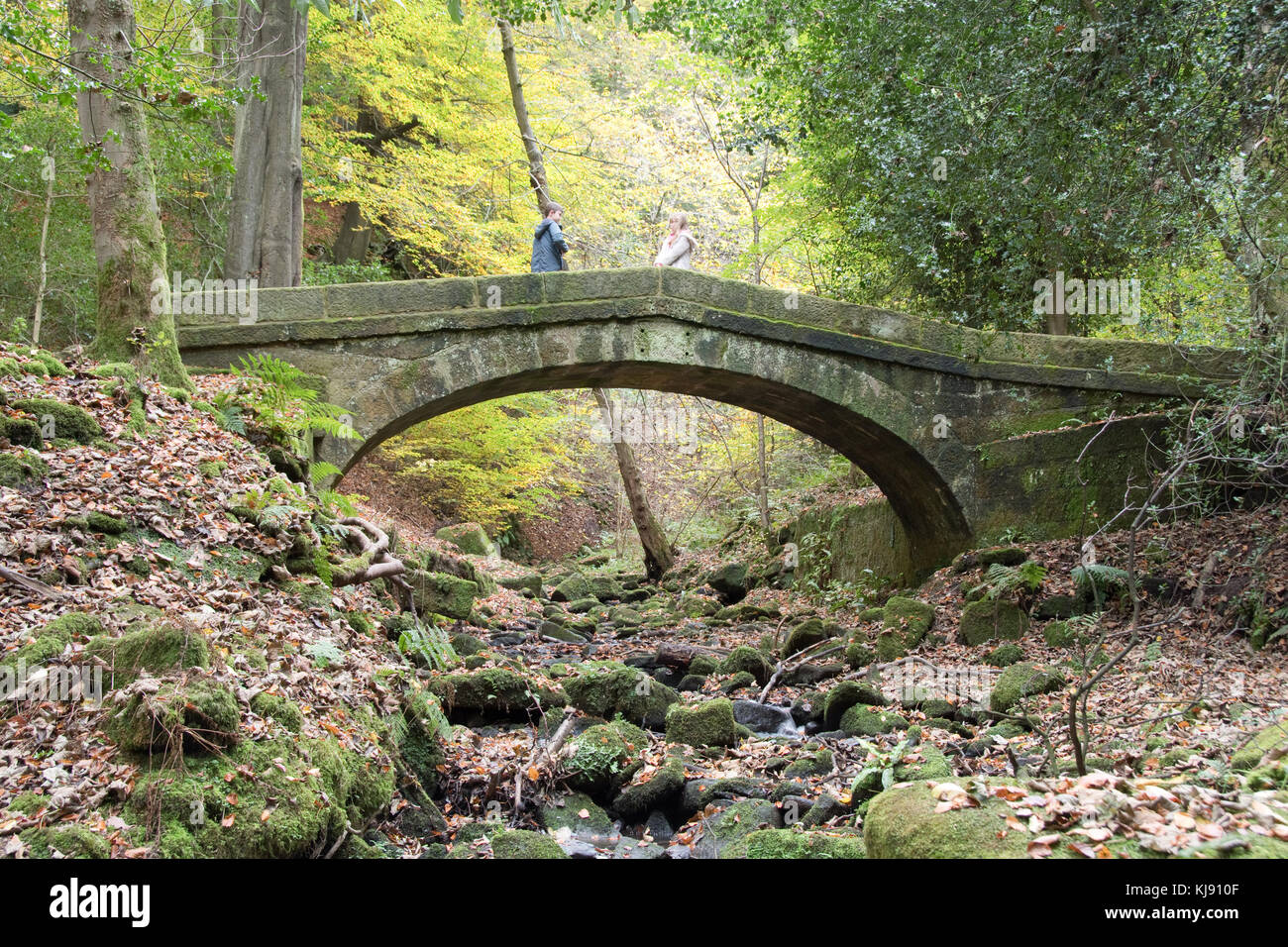 Sheffield, Regno Unito - 28 Ott: due bambini di giocare sul packhorse ponte sul torrente Tinker su 28 Ott 2016 a Glen Howe Park, lato Whancliffe Foto Stock