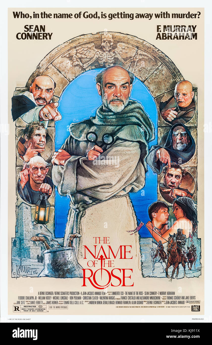 Il nome della Rosa (1986) diretto da Jean-Jacques Annaud e interpretato da  Sean Connery, Christian Slater, F. Murray Abraham, e Valentina Vargas. Film  di adattamento di Umberto Eco del romanzo su un
