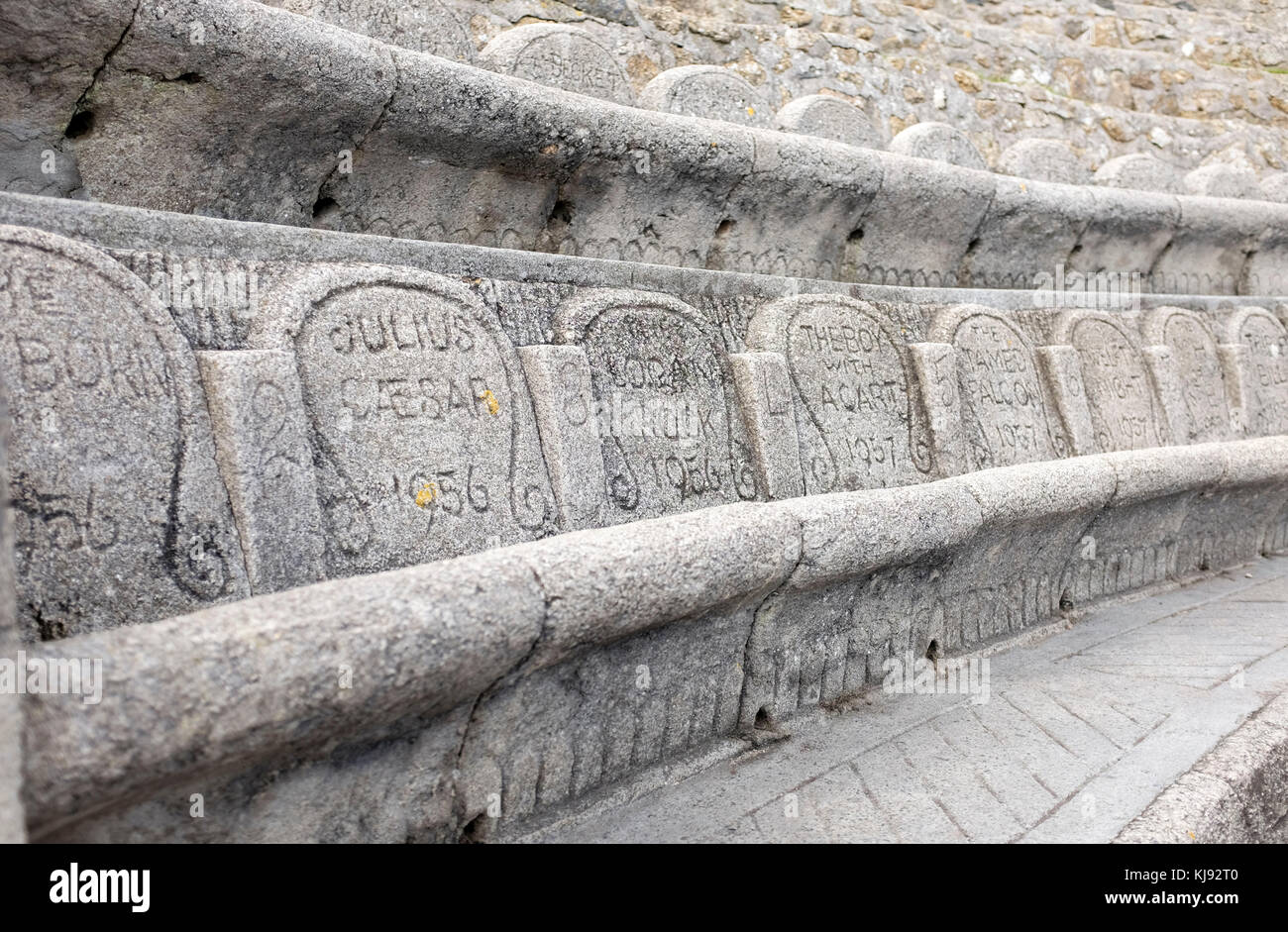 Nomi delle rappresentazioni sui posti a sedere del famoso Minack Theatre costruito sulle scogliere di Porthcurno in Cornovaglia ed è stato il frutto di Rowena Cade Foto Stock