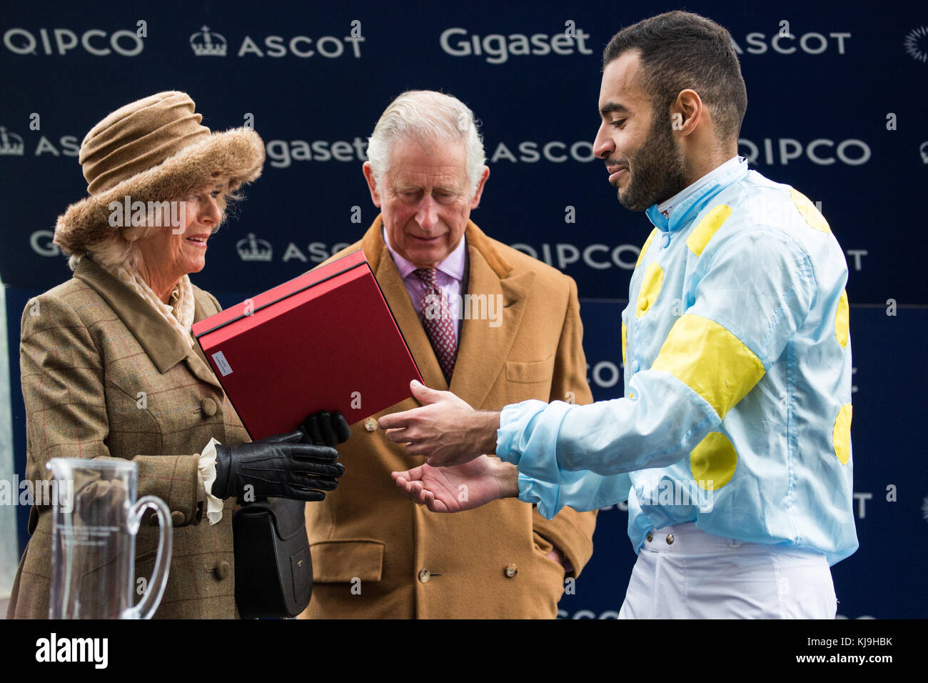 Ascot, Regno Unito. 24 Nov 2017. Il Principe del Galles, Patrono del Fondo della Campagna del Principe, e la Duchessa di Cornovaglia presentano lo sceicco Fahad al Thani, membro della famiglia reale Qatari, dopo la corsa alla Carità durante il Prince’s Countryside Fund Raceday presso l’ippodromo di Ascot. La gara è stata vinta da Tom Chatfeild-Roberts su Golden Wedding, con Michael Owen che ha terminato secondo su Calder Prince. Il Fondo di Campagna del Principe fu fondato dal Principe di Galles nel 2010. Credit: Mark Kerrison/Alamy Live News Foto Stock