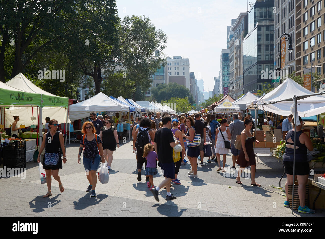 Union Square greenmarket con persone in una giornata di sole a New York. Il mercato è tenuto quattro giorni ogni settimana. Foto Stock