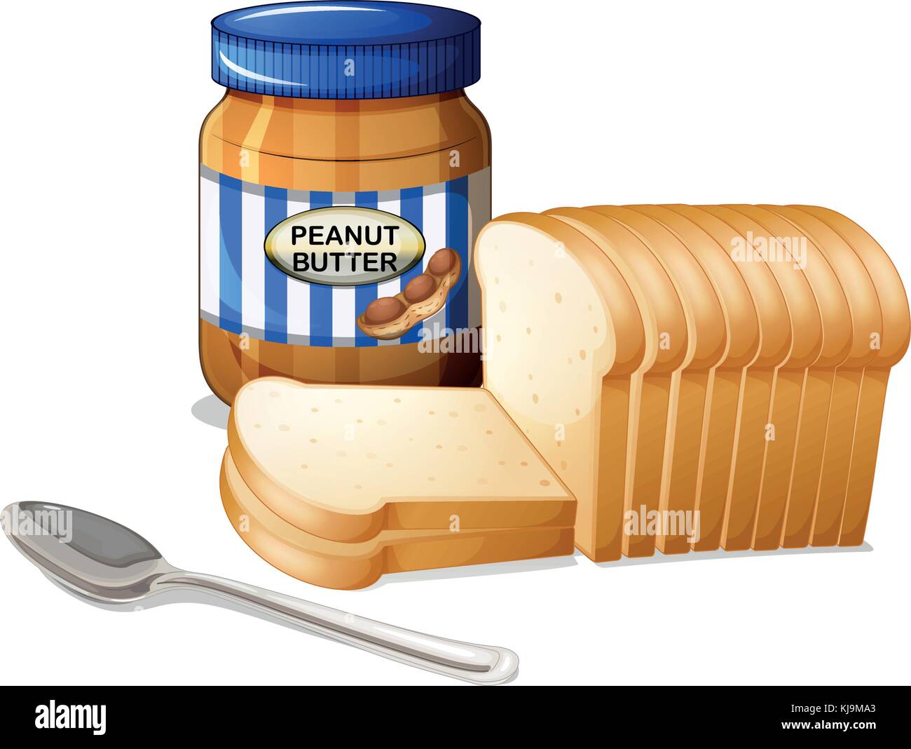 Illustrazione delle fettine di pane e una bottiglia di burro di arachidi su sfondo bianco Illustrazione Vettoriale
