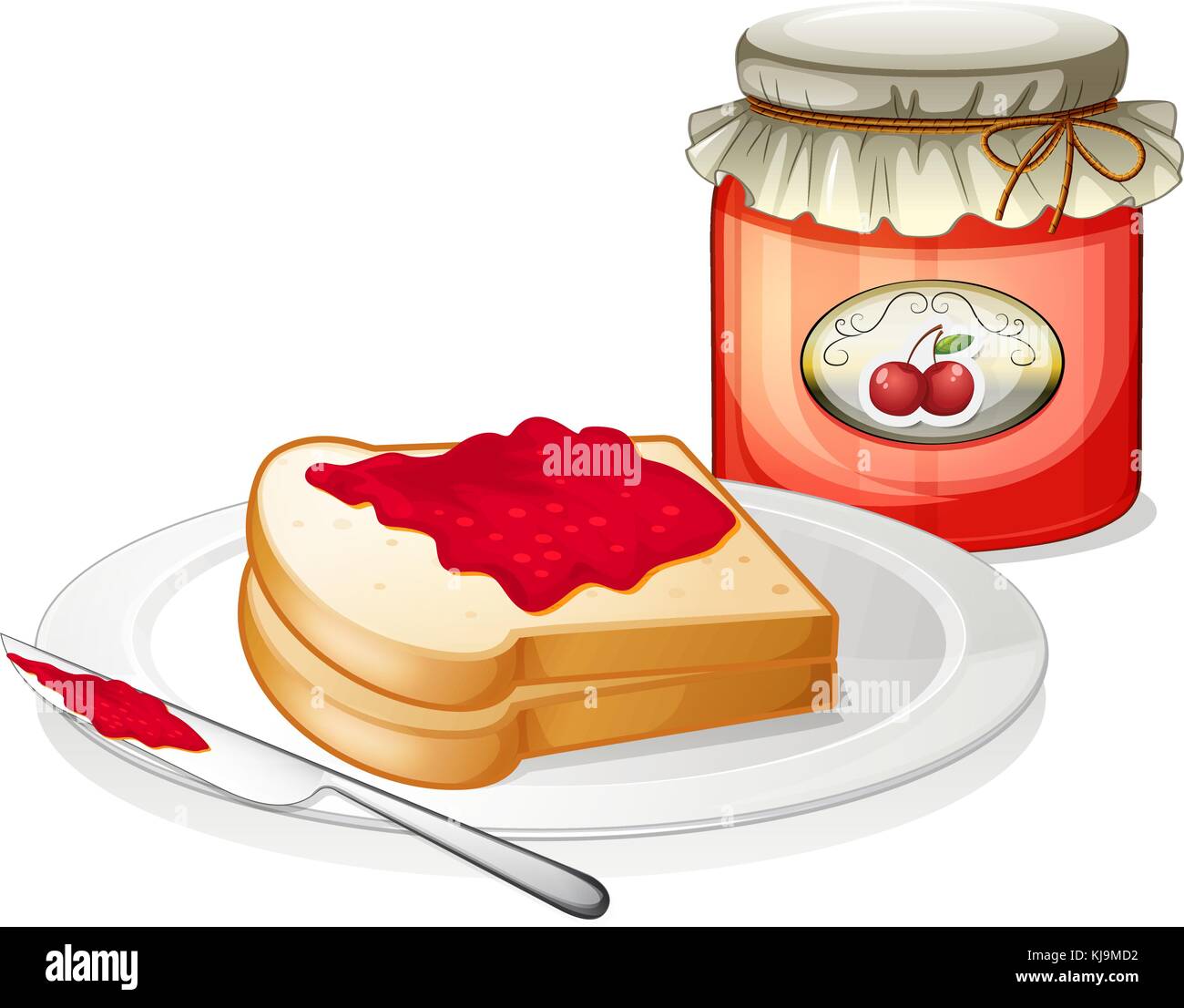 Illustrazione di un sandwich all'interno della piastra con una confettura di ciliegie su sfondo bianco Illustrazione Vettoriale