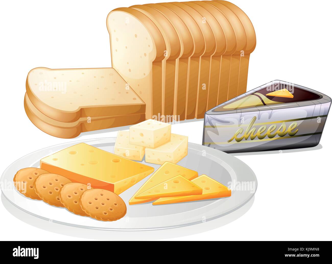 Illustrazione delle fettine di pane con formaggio e biscotti su sfondo bianco Illustrazione Vettoriale