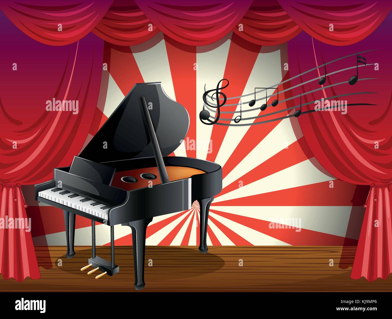 Illustrazione di un pianoforte presso il palco con note musicali Illustrazione Vettoriale