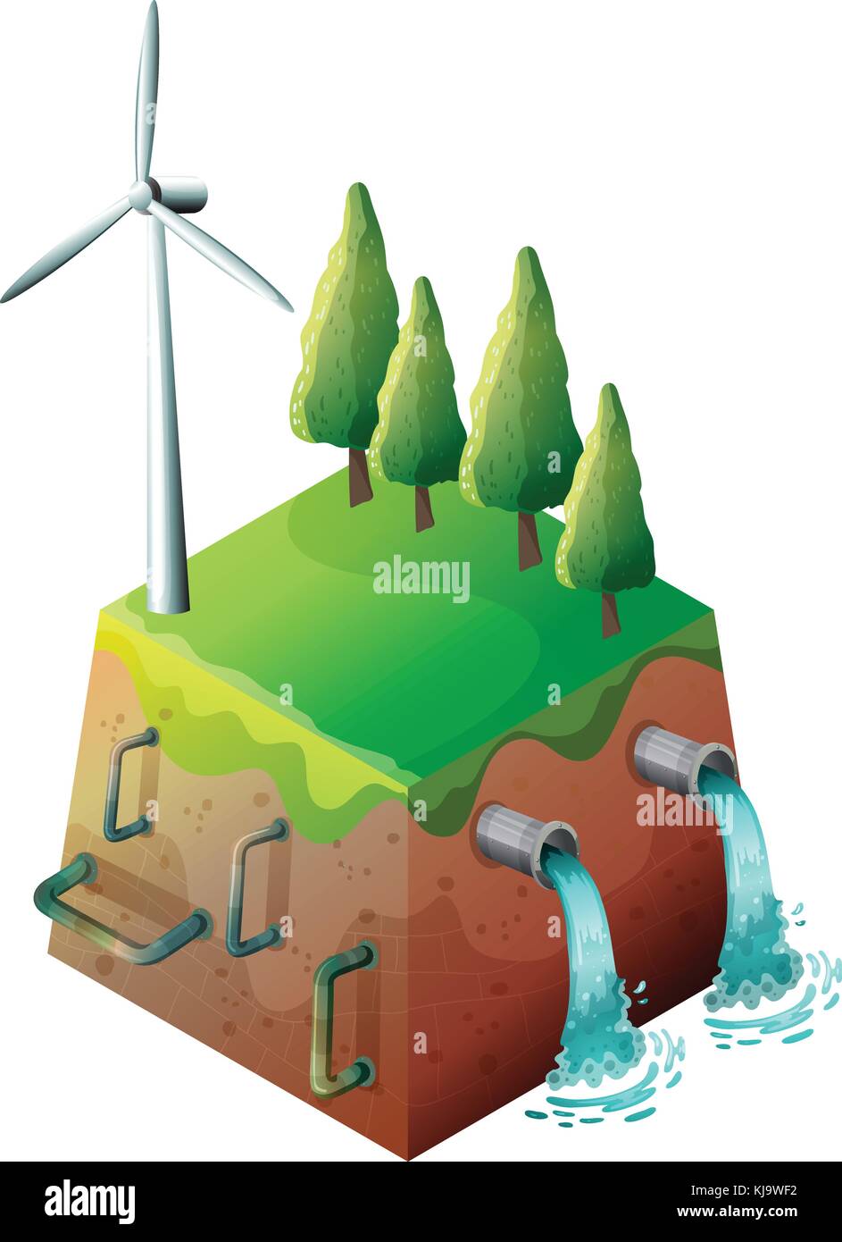 Illustrazione di un mulino a vento e acqua di tubi su sfondo bianco Illustrazione Vettoriale