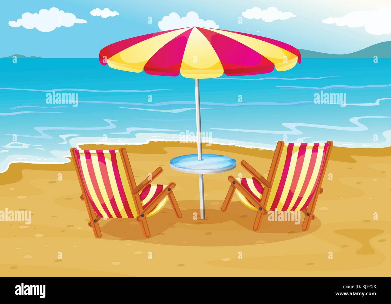 Illustrazione di un ombrellone con sdraio in riva al mare Immagine e  Vettoriale - Alamy