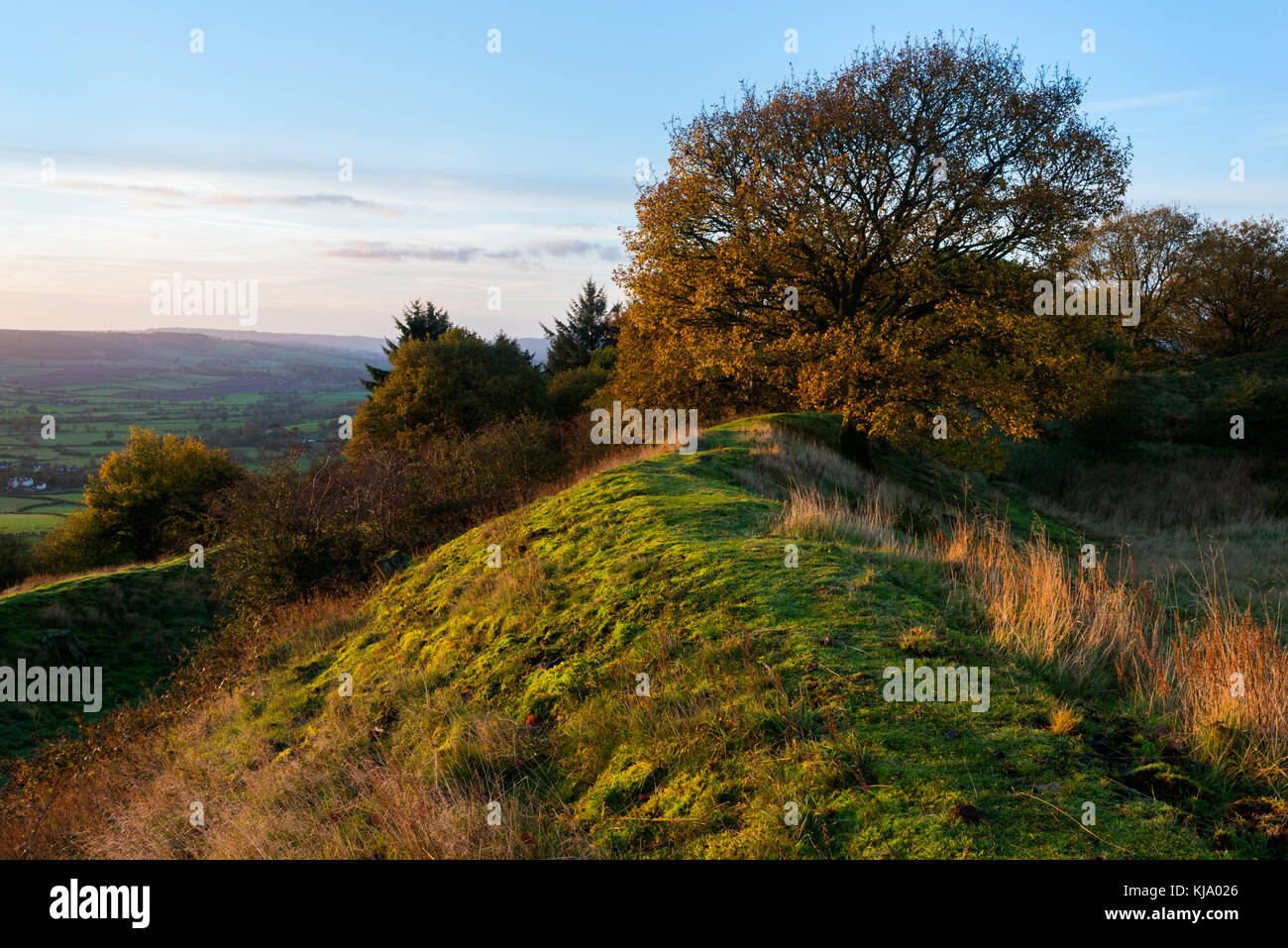 Sunrise sui bastioni del Burrow Hill Camp, un'età del ferro hill fort vicino Hopesay, Shropshire, Inghilterra, Regno Unito. Foto Stock