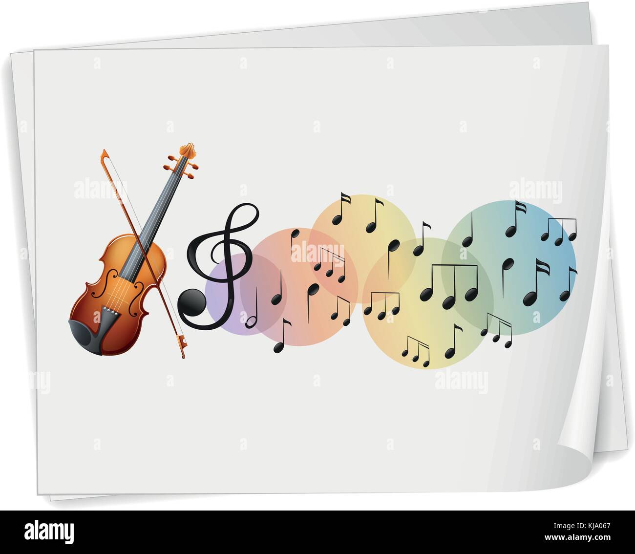 Illustrazione di un violen stampato su un foglio di carta con le note musicali su sfondo bianco Illustrazione Vettoriale