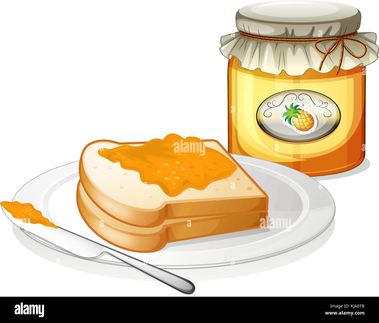 Illustrazione di una bottiglia di Ananas marmellate e un panino in una piastra su sfondo bianco Illustrazione Vettoriale